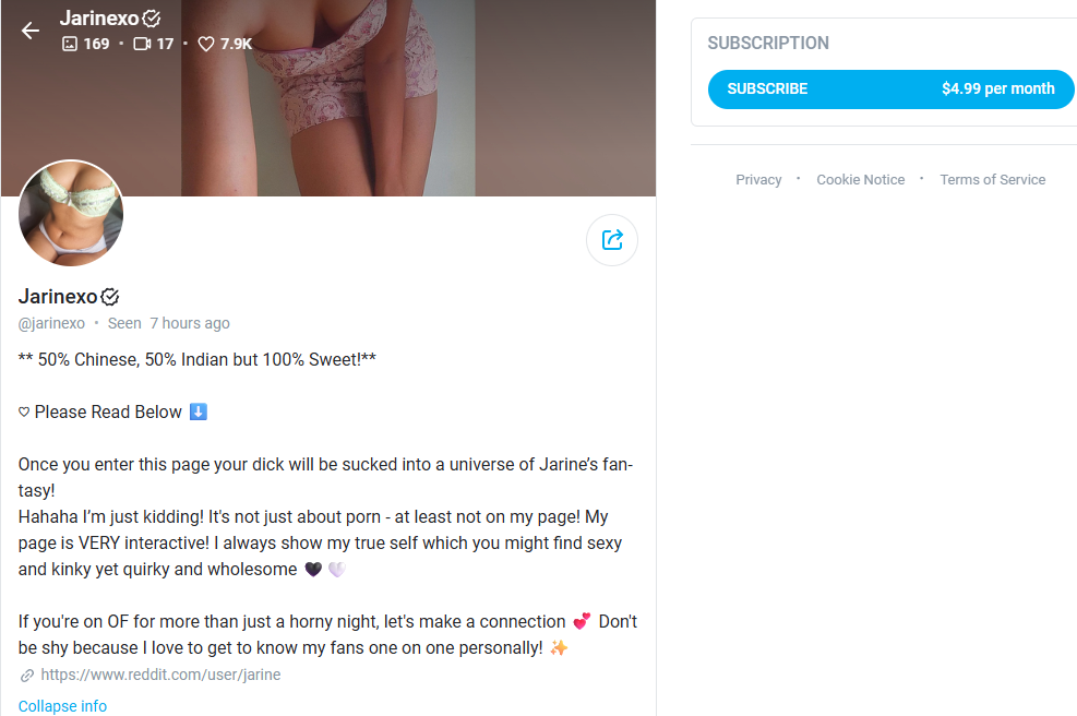 Jarinexo - Chinese Indian OnlyFans Model Profile Page Screenshot of Onlyfans Page